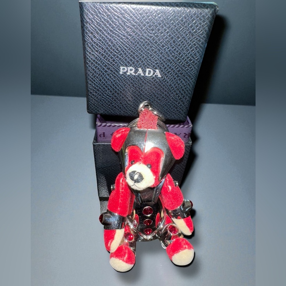 Prada Bear Robot Metallic Charm Keychain Red and Silver Teddy w/Box Red Crystals - Picture 6 of 13